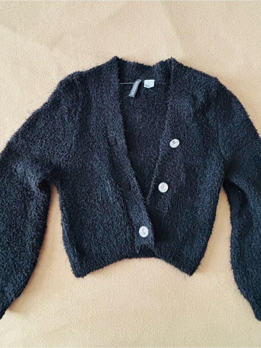 H&M Black Bouclé Cropped Button Cardigan